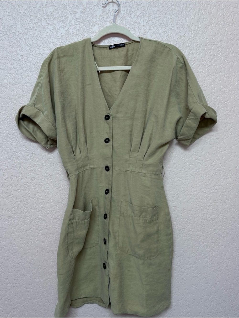 ZARA Light Khaki Button-Front Mini Dress